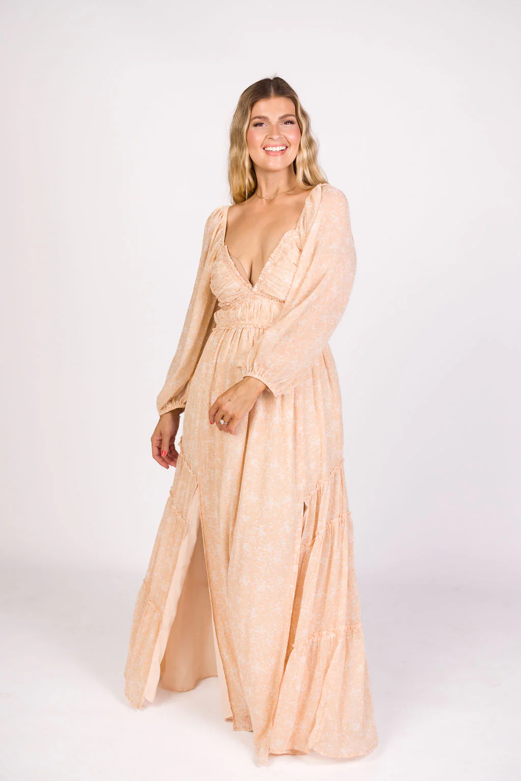 Daphne Long Sleeve Maxi Dress in Light Beige/White Floral - Bump Friendly - Image 18