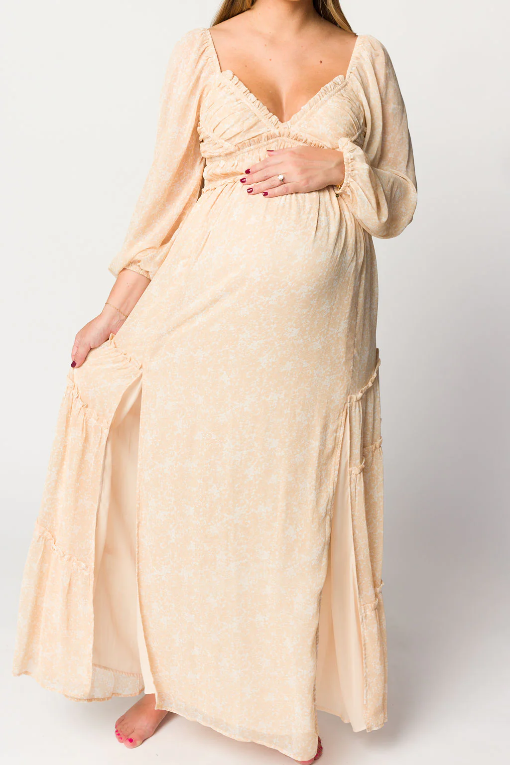 Daphne Long Sleeve Maxi Dress in Light Beige/White Floral - Bump Friendly - Image 21