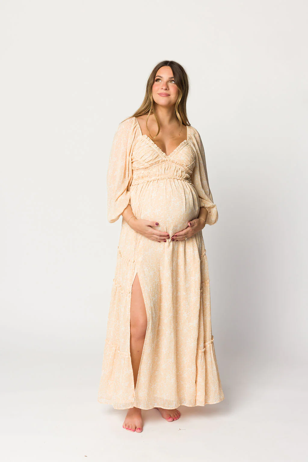 Daphne Long Sleeve Maxi Dress in Light Beige/White Floral - Bump Friendly - Image 22