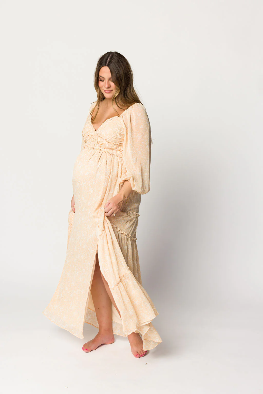 Daphne Long Sleeve Maxi Dress in Light Beige/White Floral - Bump Friendly - Image 23