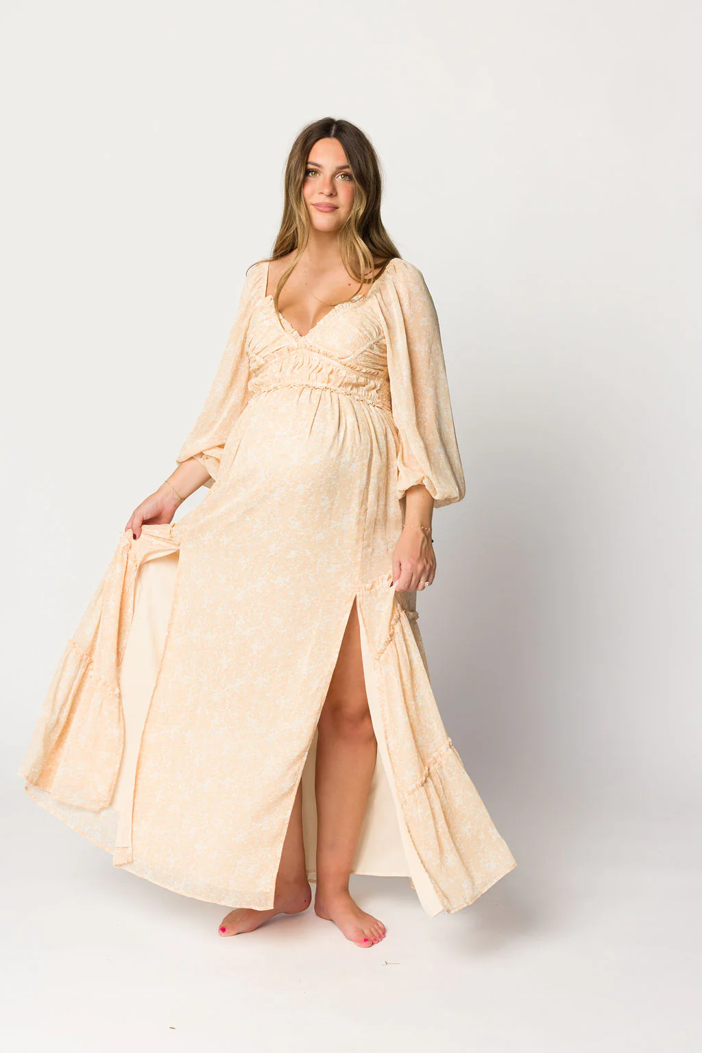 Daphne Long Sleeve Maxi Dress in Light Beige/White Floral - Bump Friendly - Image 24