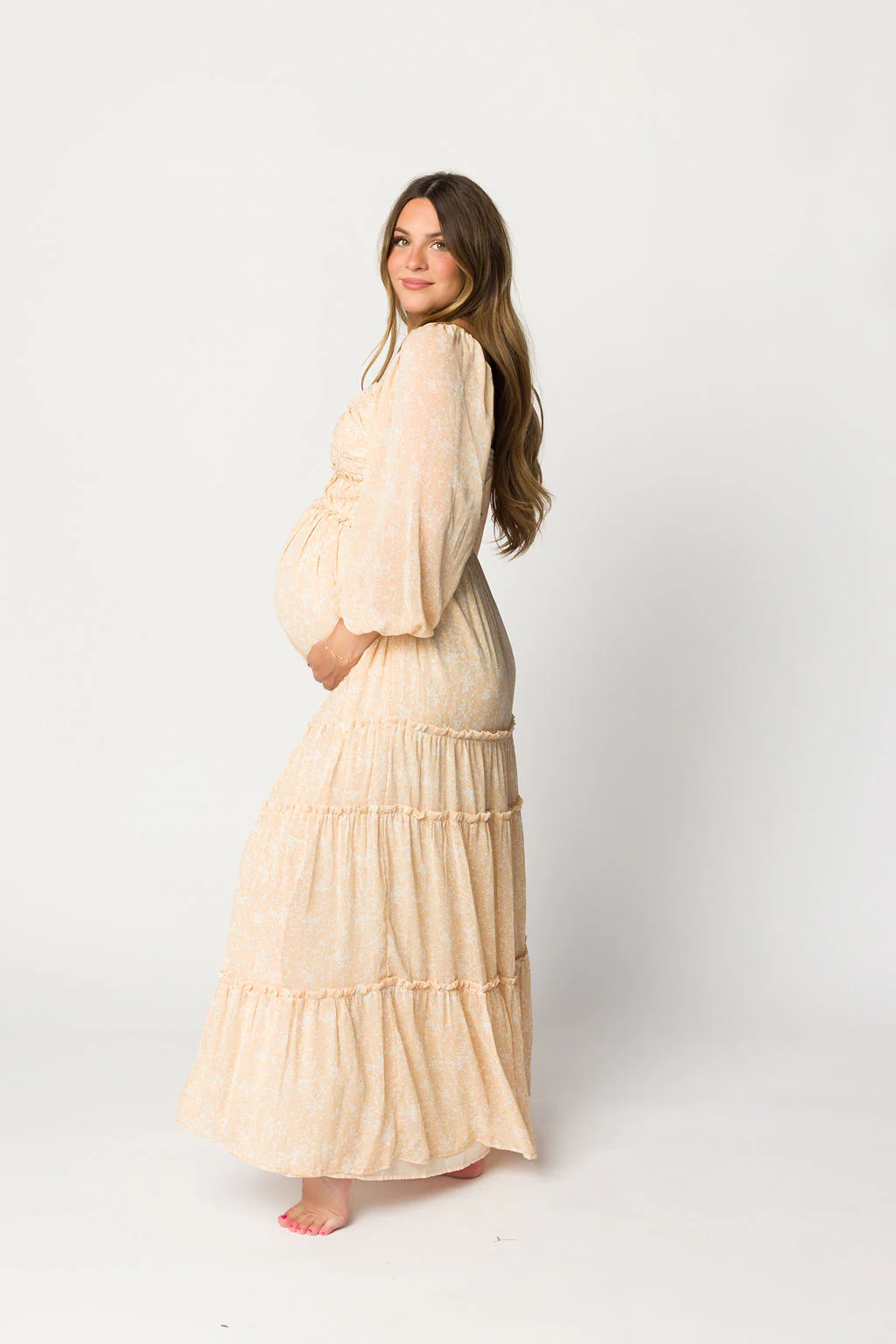 Daphne Long Sleeve Maxi Dress in Light Beige/White Floral - Bump Friendly - Image 25