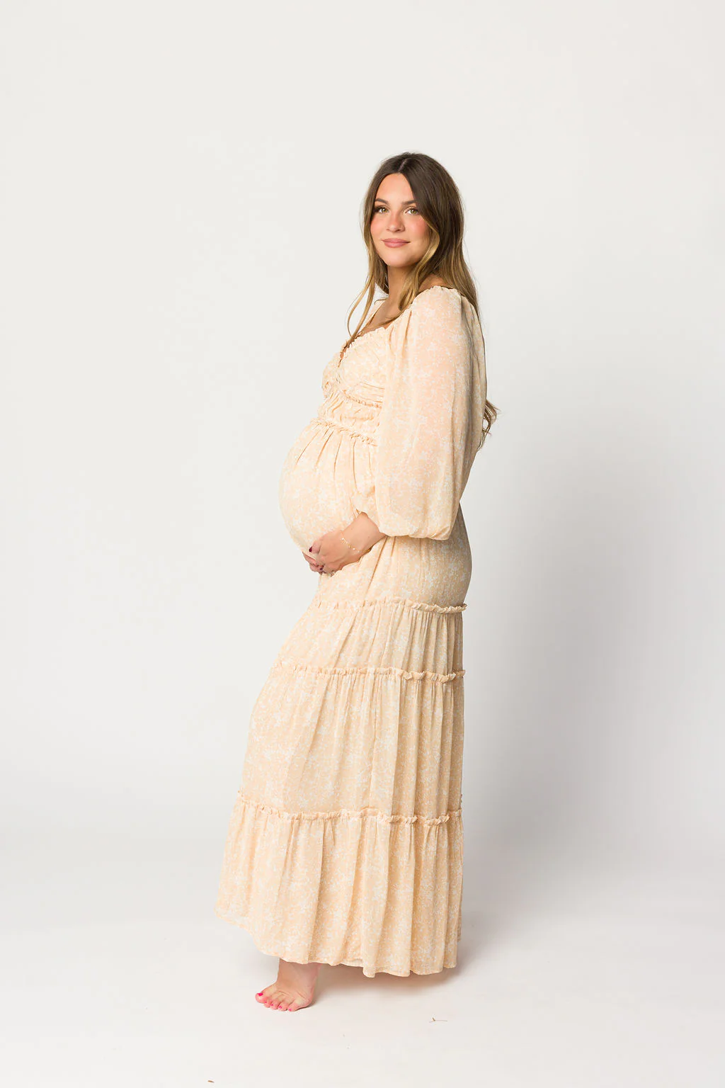 Daphne Long Sleeve Maxi Dress in Light Beige/White Floral - Bump Friendly - Image 26