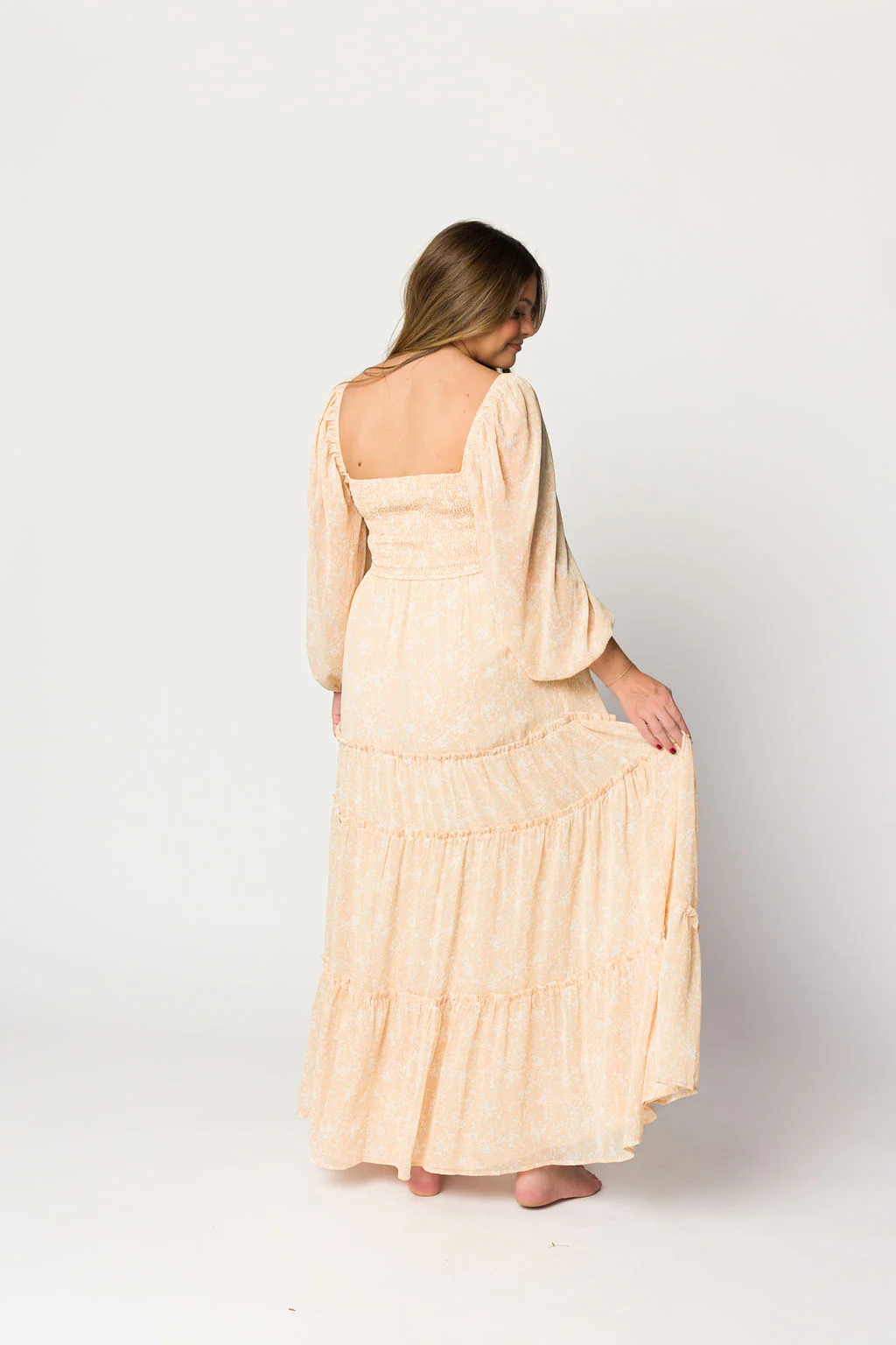 Daphne Long Sleeve Maxi Dress in Light Beige/White Floral - Bump Friendly - Image 28