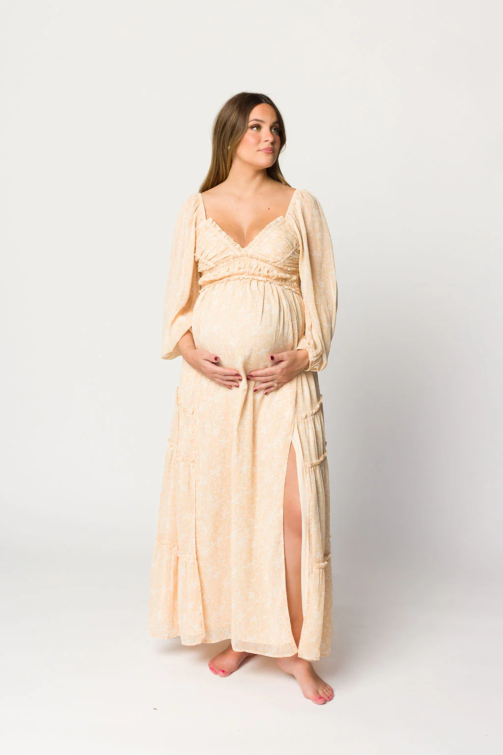 Daphne Long Sleeve Maxi Dress in Light Beige/White Floral - Bump Friendly - Image 29