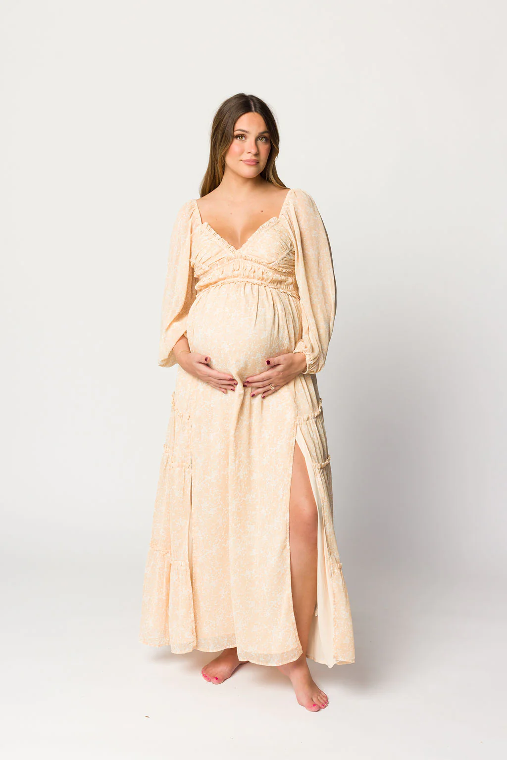 Daphne Long Sleeve Maxi Dress in Light Beige/White Floral - Bump Friendly - Image 30