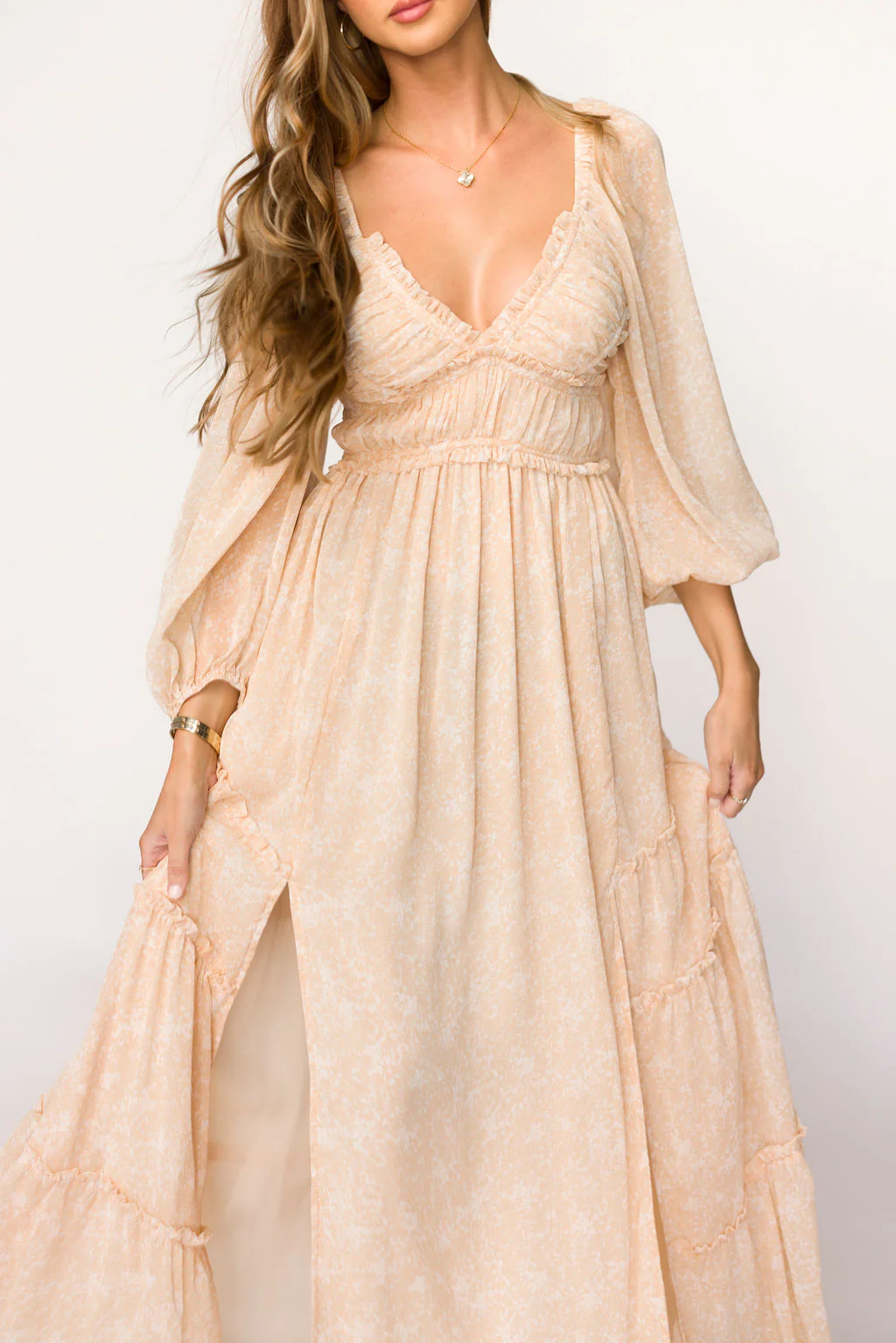Daphne Long Sleeve Maxi Dress in Light Beige/White Floral - Bump Friendly - Image 38