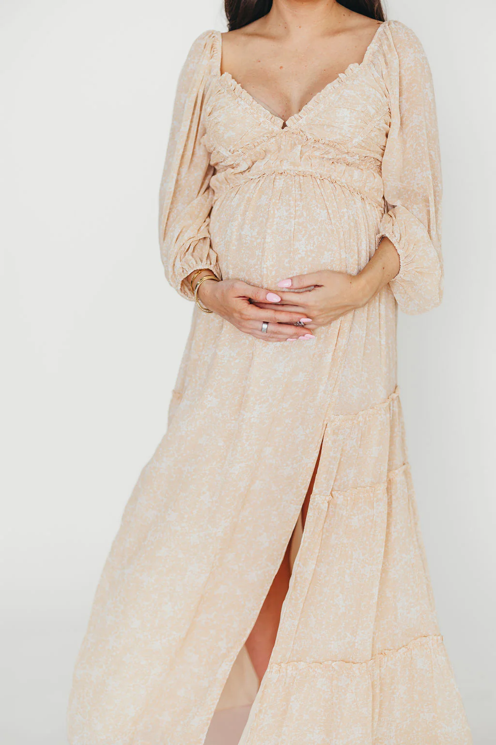 Daphne Long Sleeve Maxi Dress in Light Beige/White Floral - Bump Friendly - Image 39