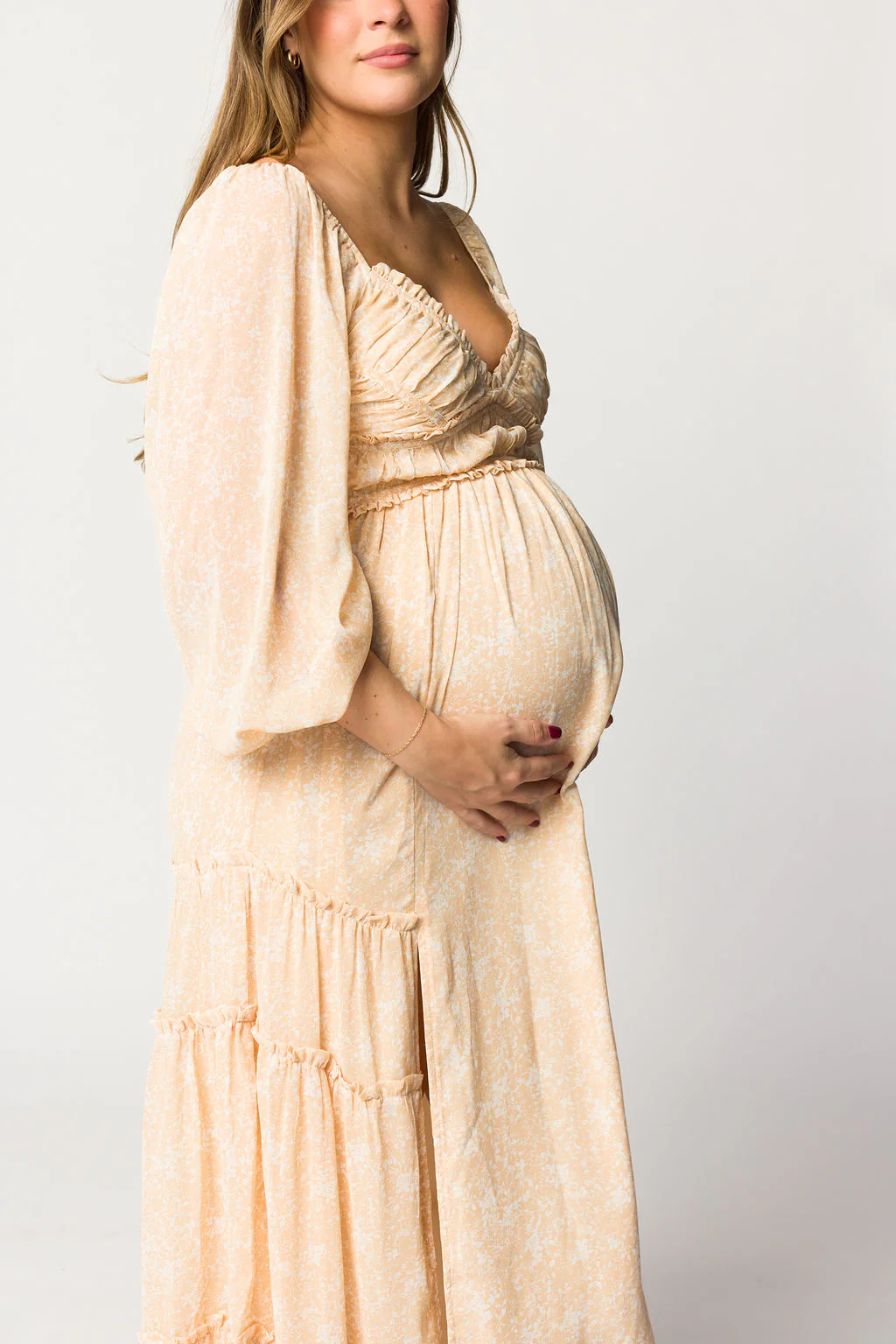 Daphne Long Sleeve Maxi Dress in Light Beige/White Floral - Bump Friendly - Image 4