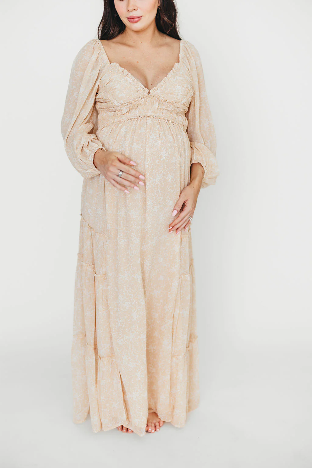 Daphne Long Sleeve Maxi Dress in Light Beige/White Floral - Bump Friendly - Image 41