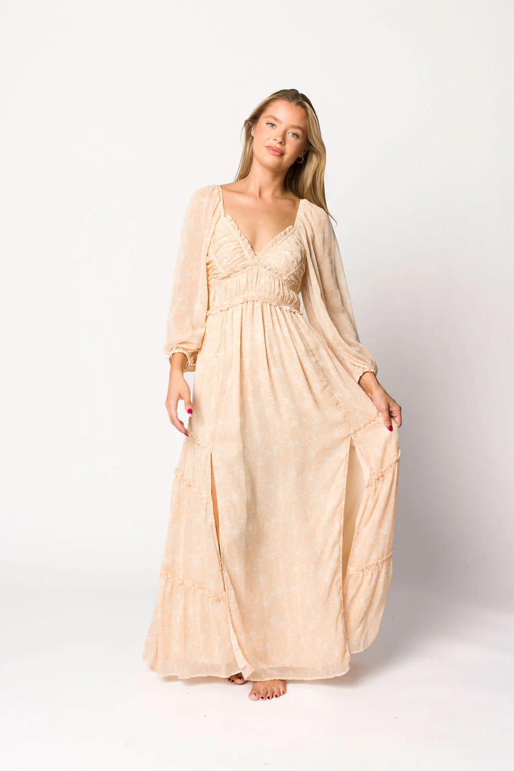 Daphne Long Sleeve Maxi Dress in Light Beige/White Floral - Bump Friendly - Image 5