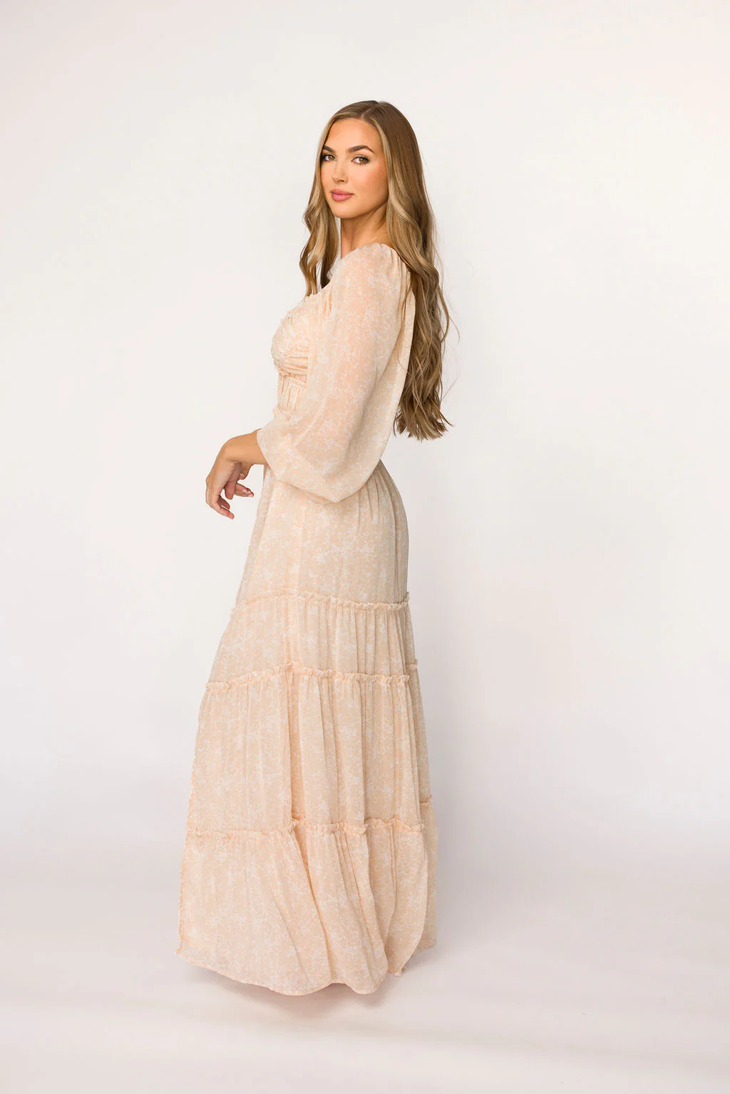 Daphne Long Sleeve Maxi Dress in Light Beige/White Floral - Bump Friendly - Image 6