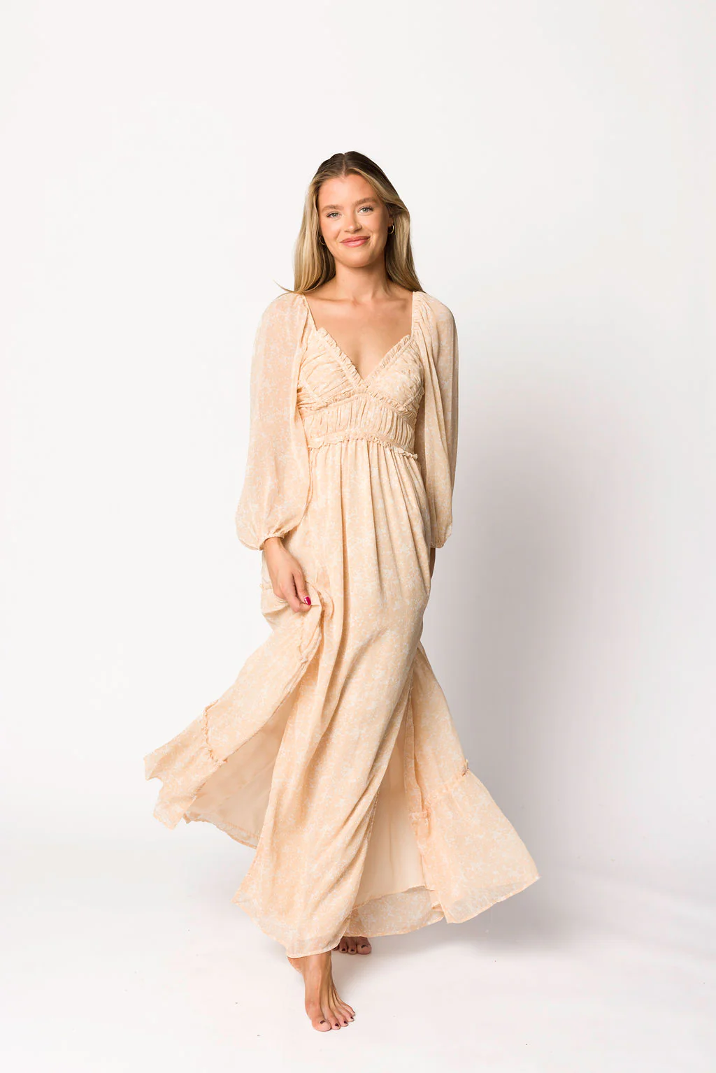 Daphne Long Sleeve Maxi Dress in Light Beige/White Floral - Bump Friendly - Image 7