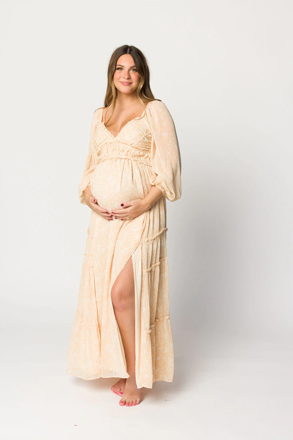 Daphne Long Sleeve Maxi Dress in Light Beige/White Floral - Bump Friendly - Image 8