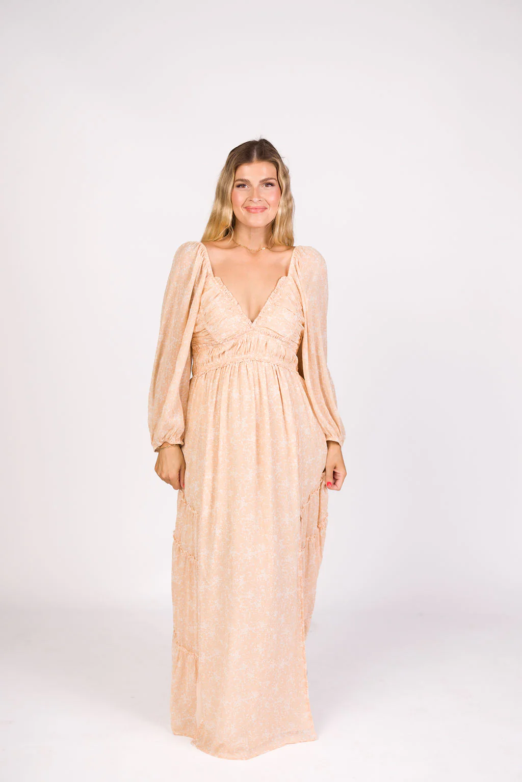 Daphne Long Sleeve Maxi Dress in Light Beige/White Floral - Bump Friendly - Image 9