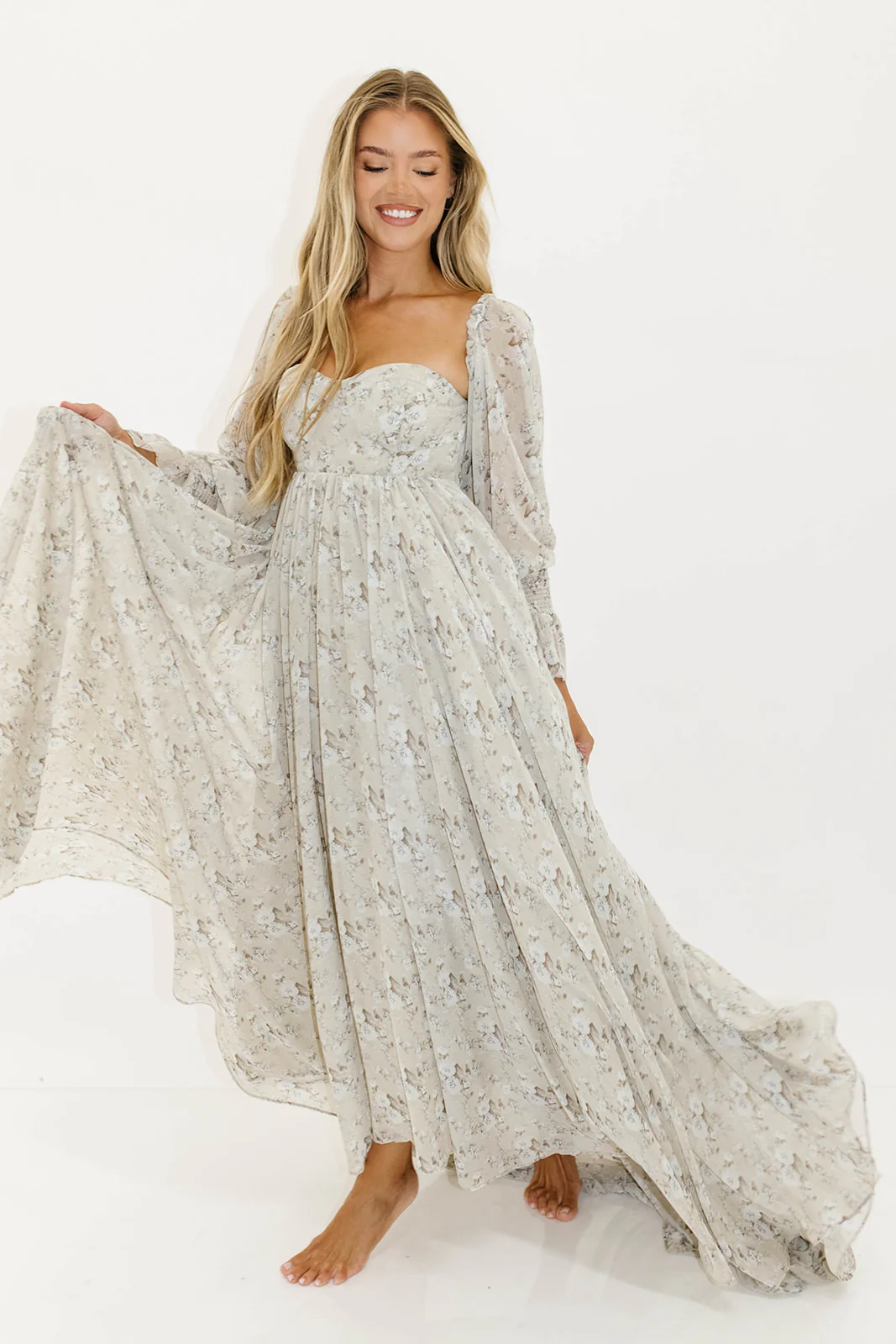 Delilah Maxi Dress with Train in Grey/Blue - Bump Friendly