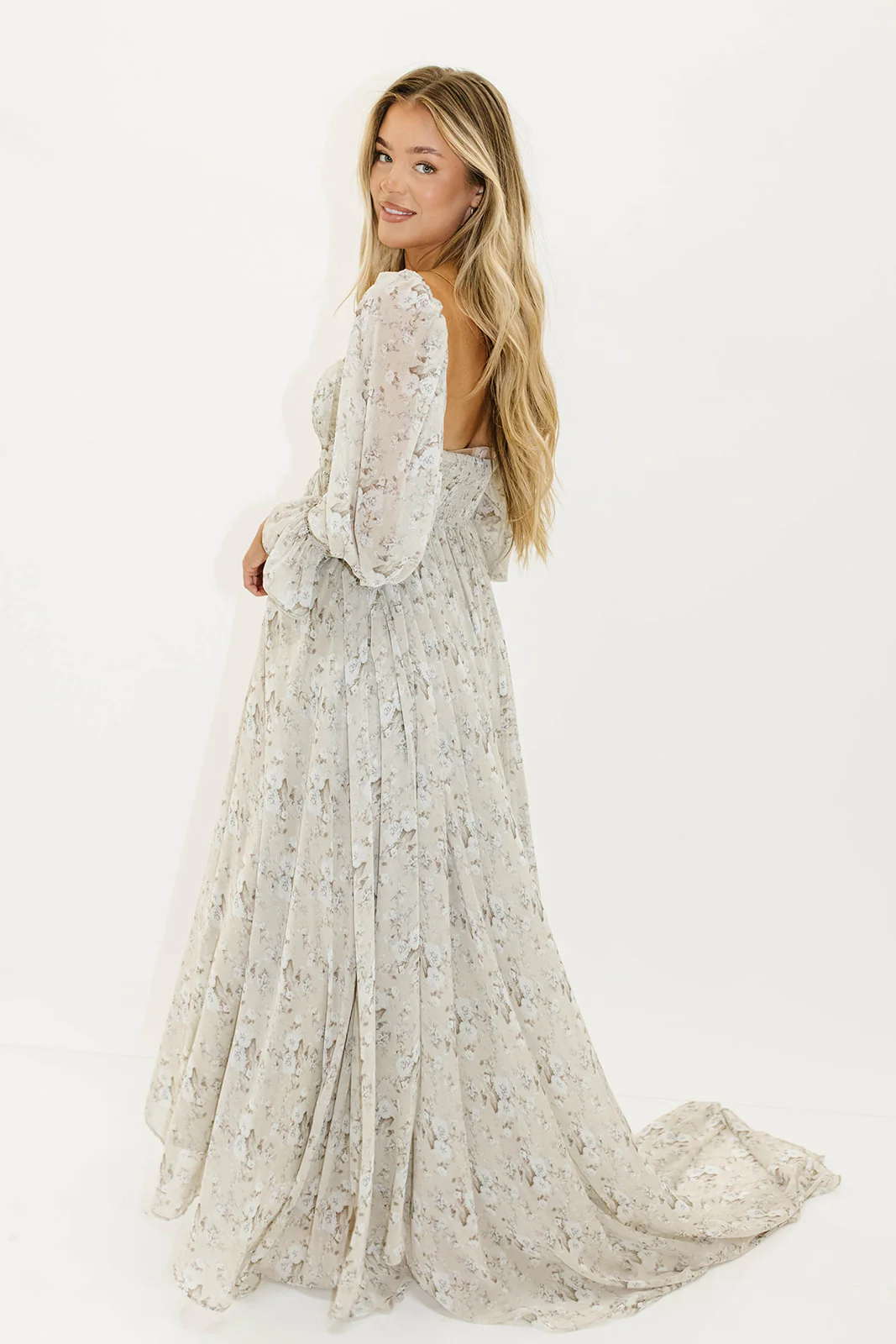 Delilah Maxi Dress with Train in Grey/Blue - Bump Friendly - Image 10