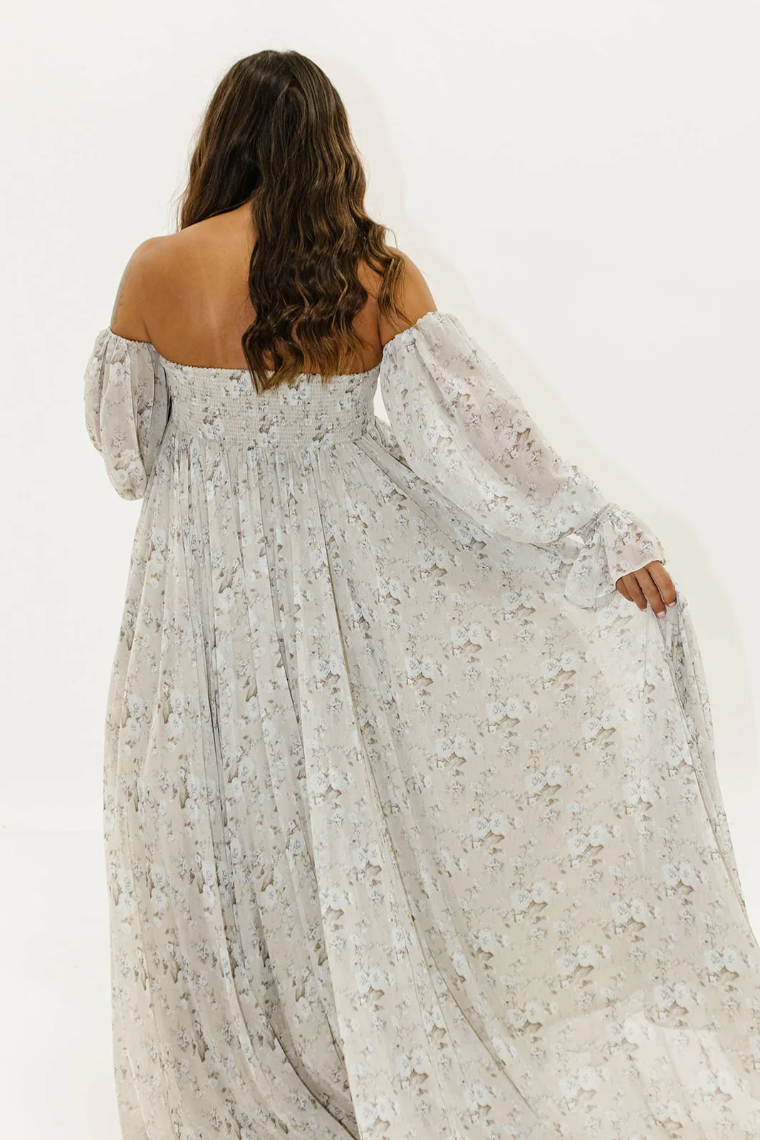 Delilah Maxi Dress with Train in Grey/Blue - Bump Friendly - Image 16