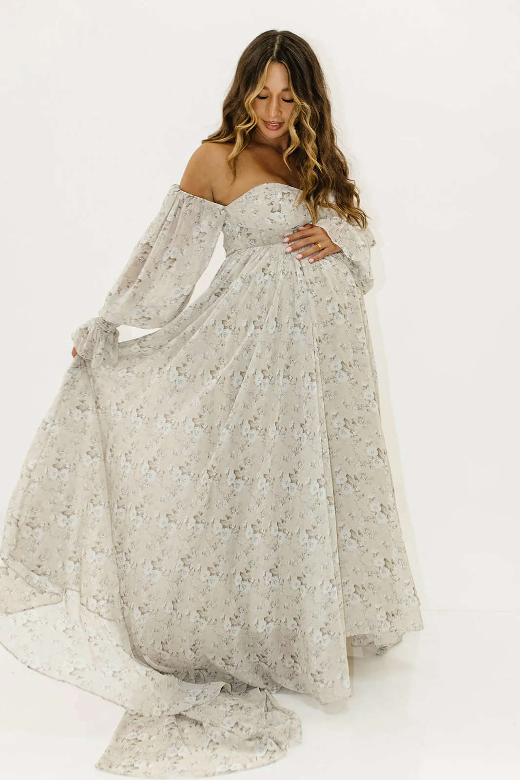 Delilah Maxi Dress with Train in Grey/Blue - Bump Friendly - Image 17