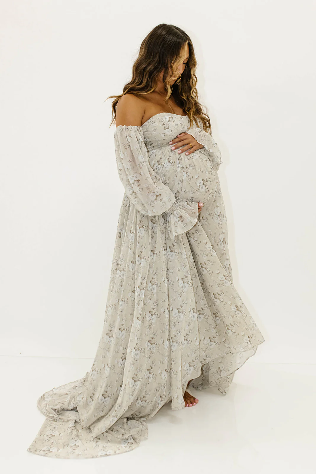 Delilah Maxi Dress with Train in Grey/Blue - Bump Friendly - Image 18