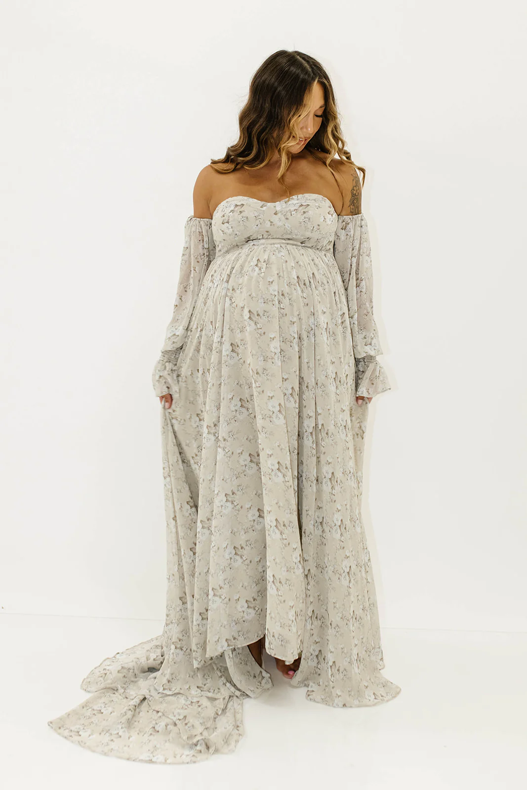 Delilah Maxi Dress with Train in Grey/Blue - Bump Friendly - Image 19