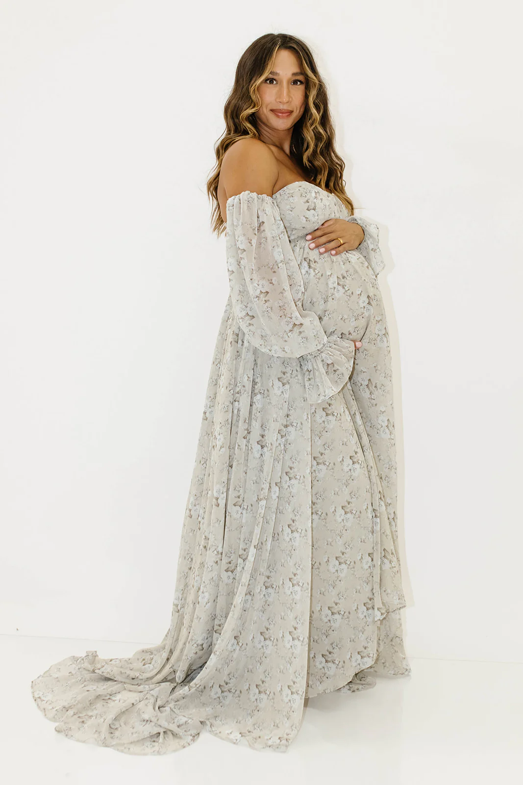 Delilah Maxi Dress with Train in Grey/Blue - Bump Friendly - Image 23