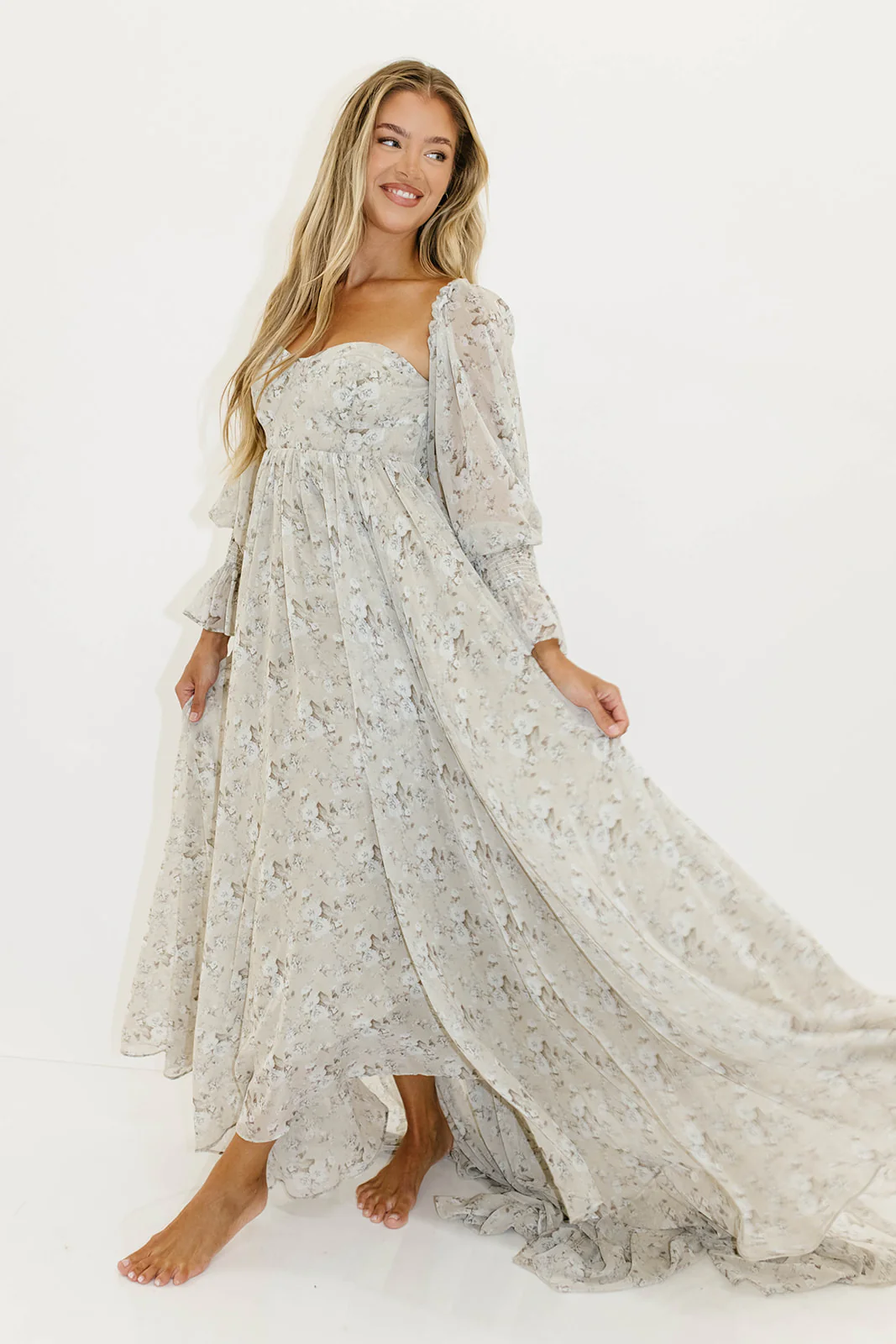 Delilah Maxi Dress with Train in Grey/Blue - Bump Friendly - Image 4