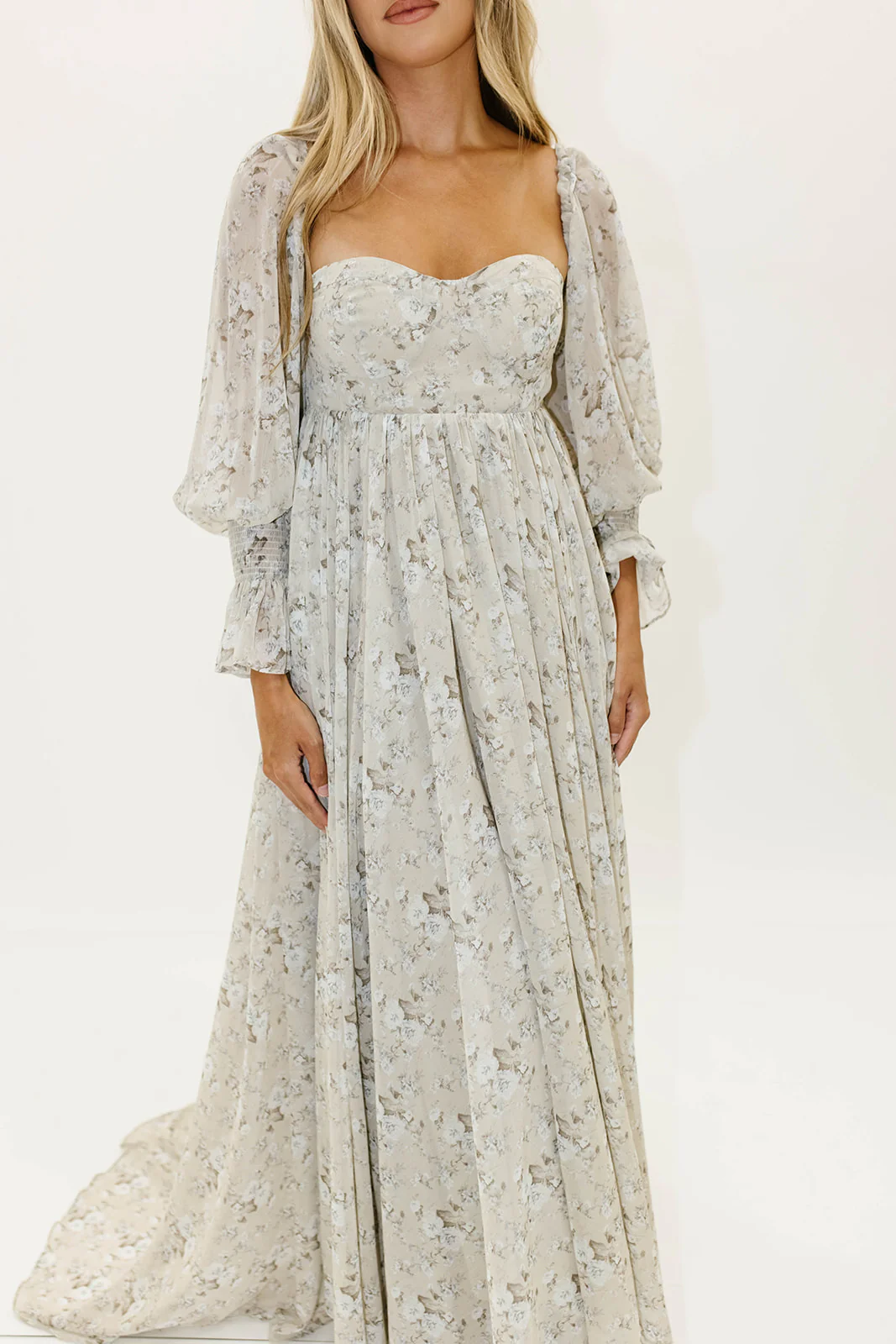 Delilah Maxi Dress with Train in Grey/Blue - Bump Friendly - Image 5