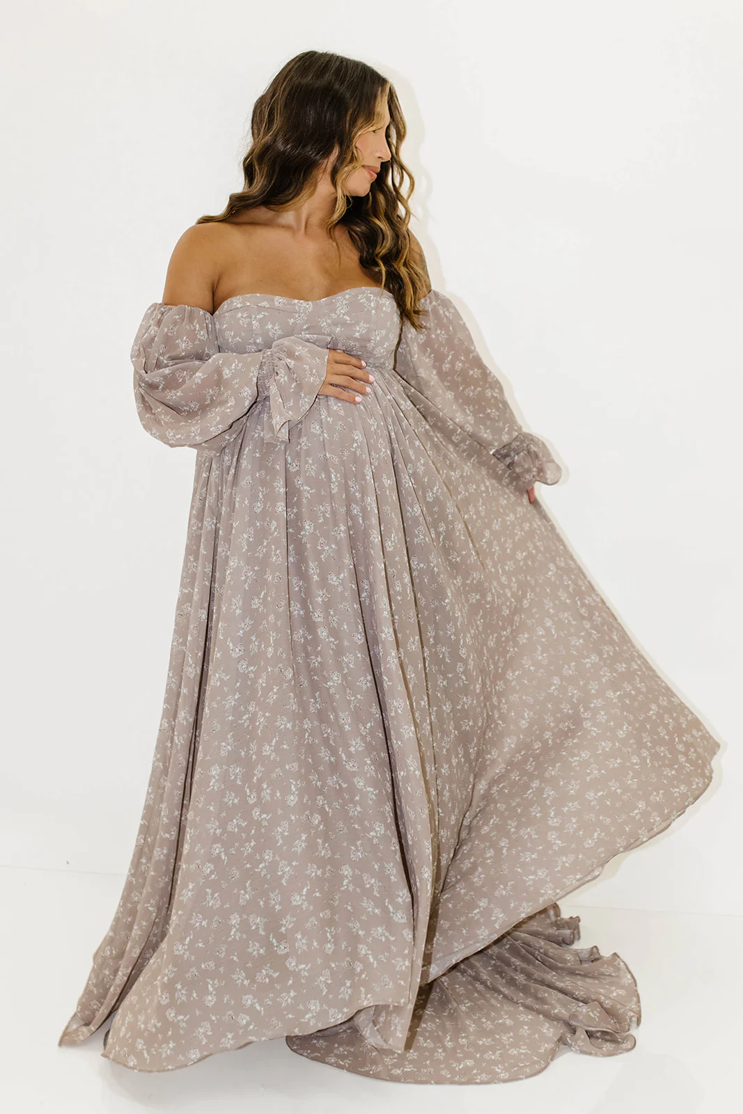 Delilah Maxi Dress with Train in Taupe - Bump Friendly - Image 17
