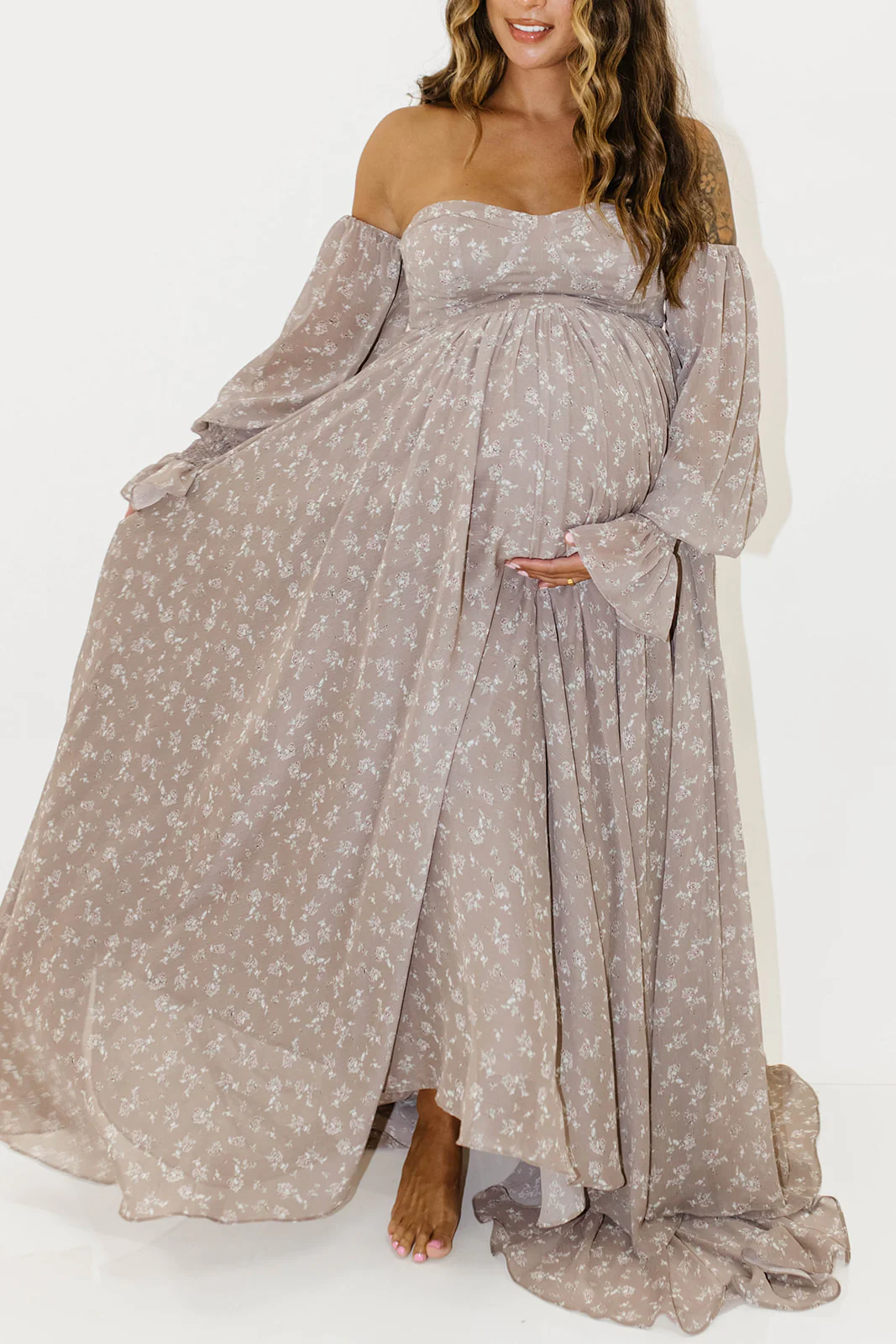 Delilah Maxi Dress with Train in Taupe - Bump Friendly - Image 4