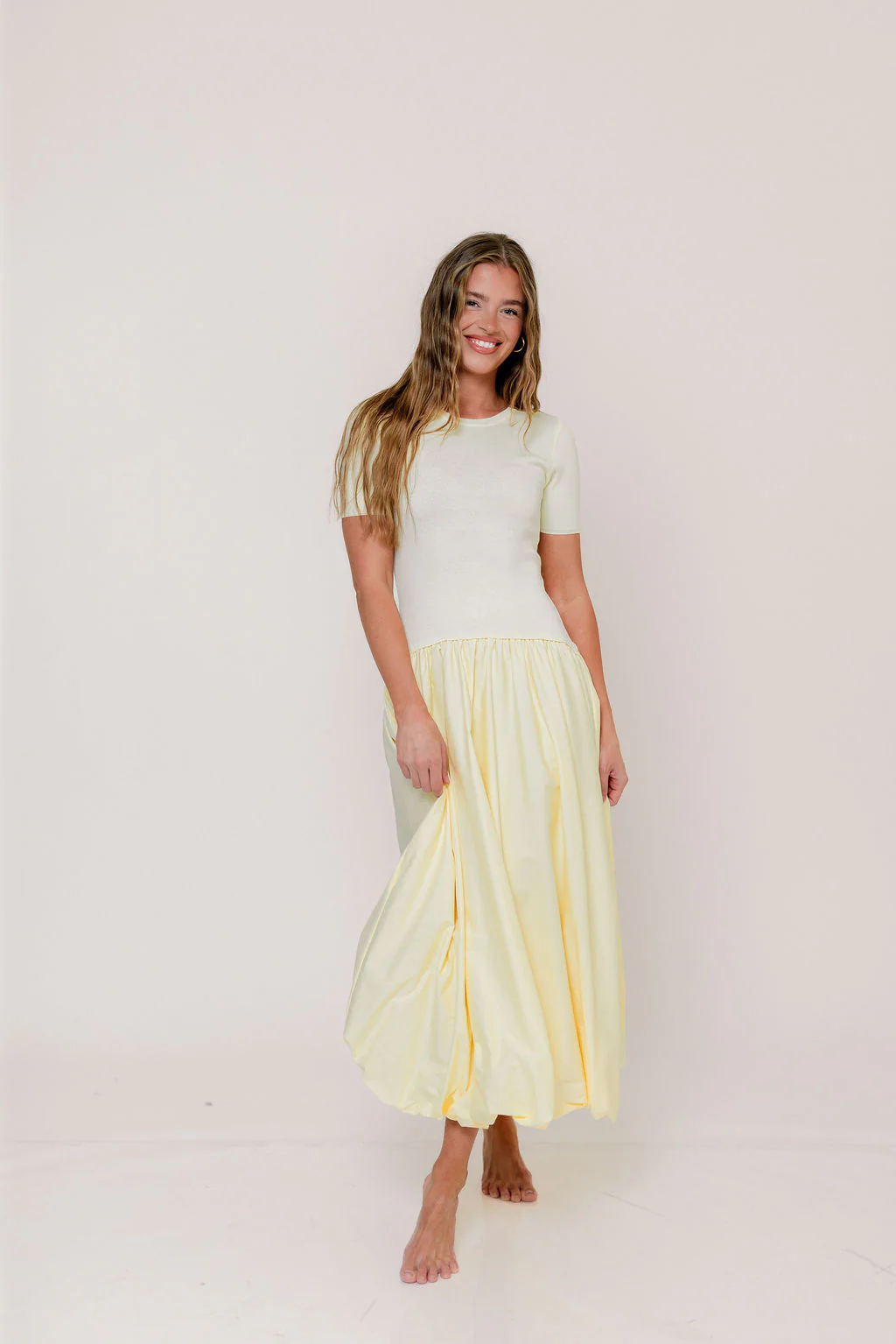 Zaniyah Bubble Skirt Midi Dress in Butter Yellow