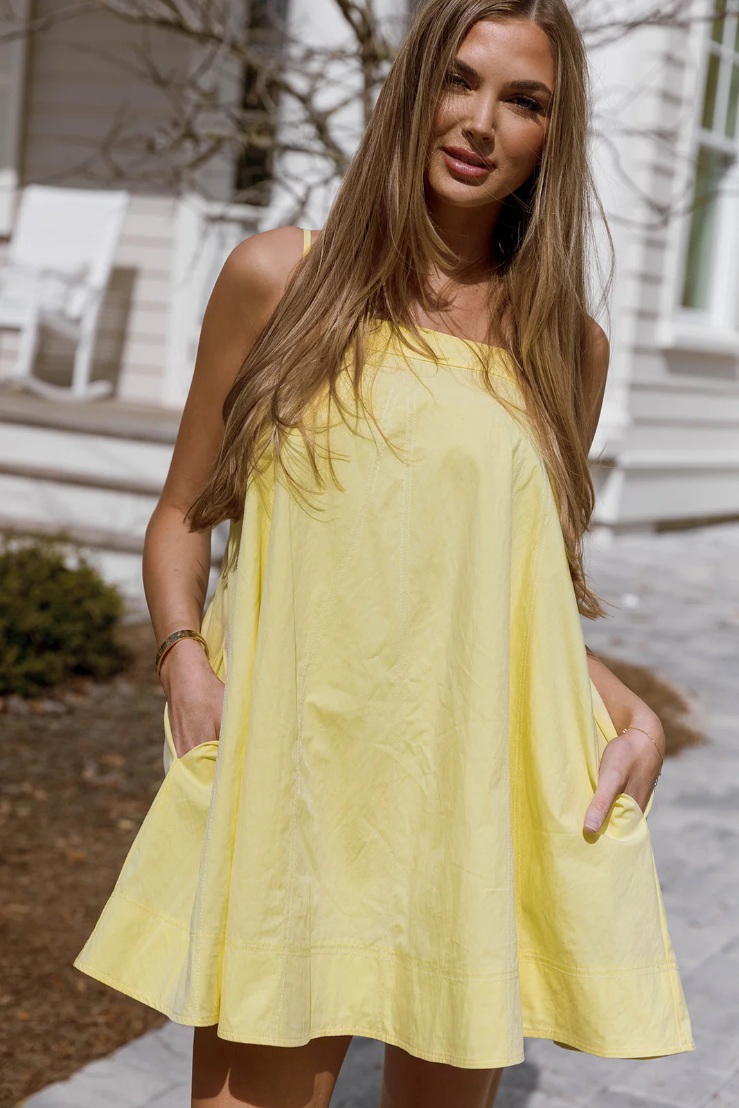Mari Contrast Top Stitch Mini Dress in Lemon Yellow - Image 2