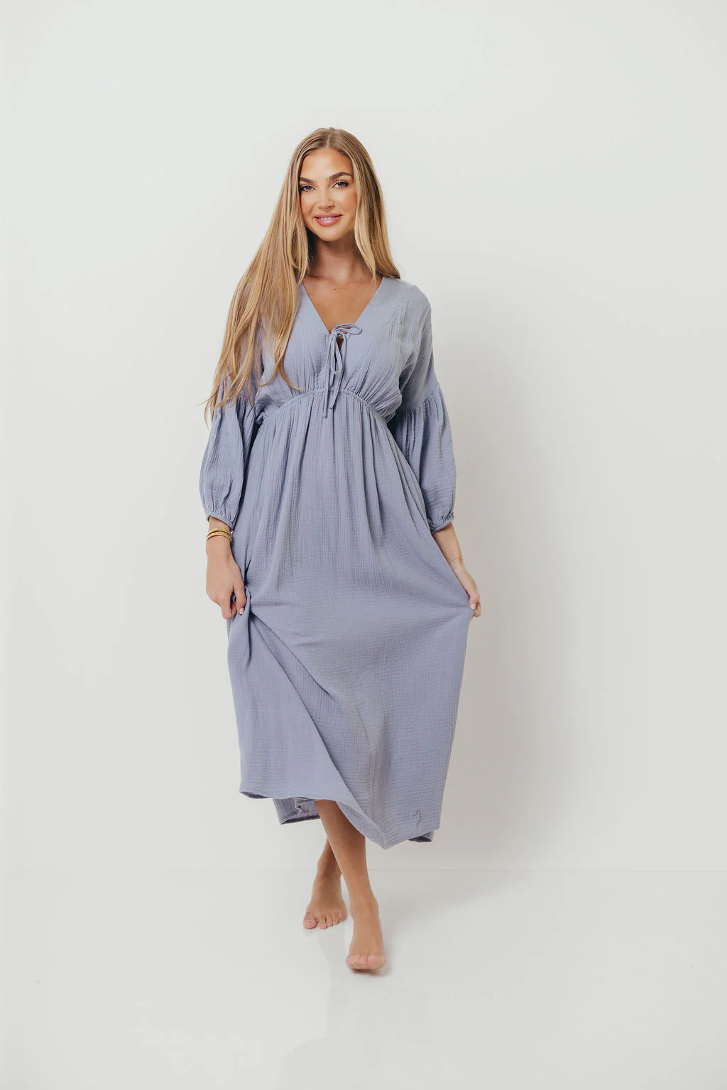 Hunter 100% Cotton Midi Dress in Blue - Bump Friendly - Image 3