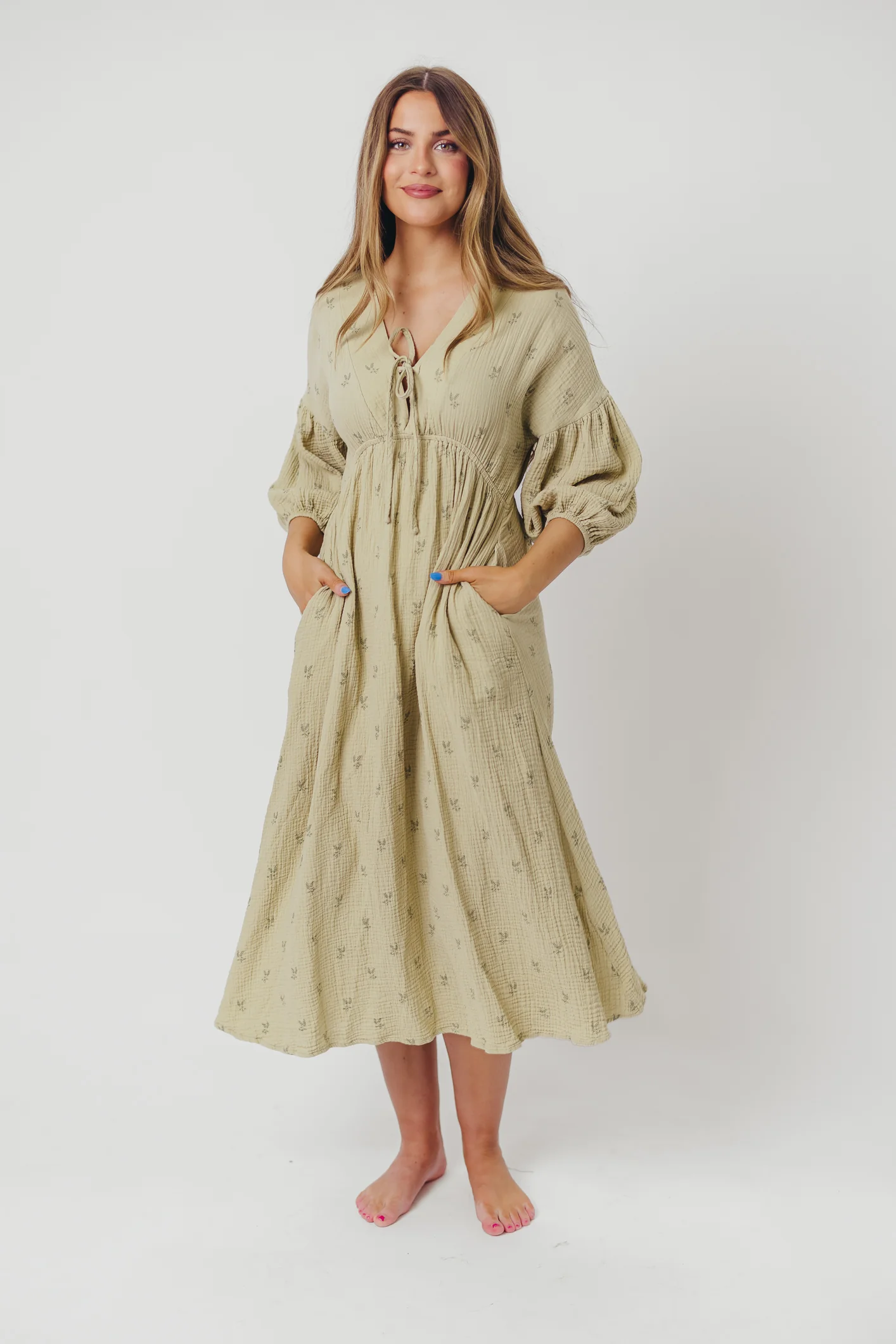 Hunter 100% Cotton Gauze Midi Dress in Thyme/Sage Foliage - Bump Friendly & Inclusive Sizing (XS-3XL) - Image 4