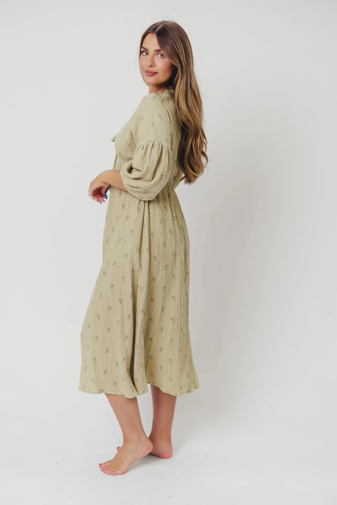 Hunter 100% Cotton Gauze Midi Dress in Thyme/Sage Foliage - Bump Friendly & Inclusive Sizing (XS-3XL) - Image 6