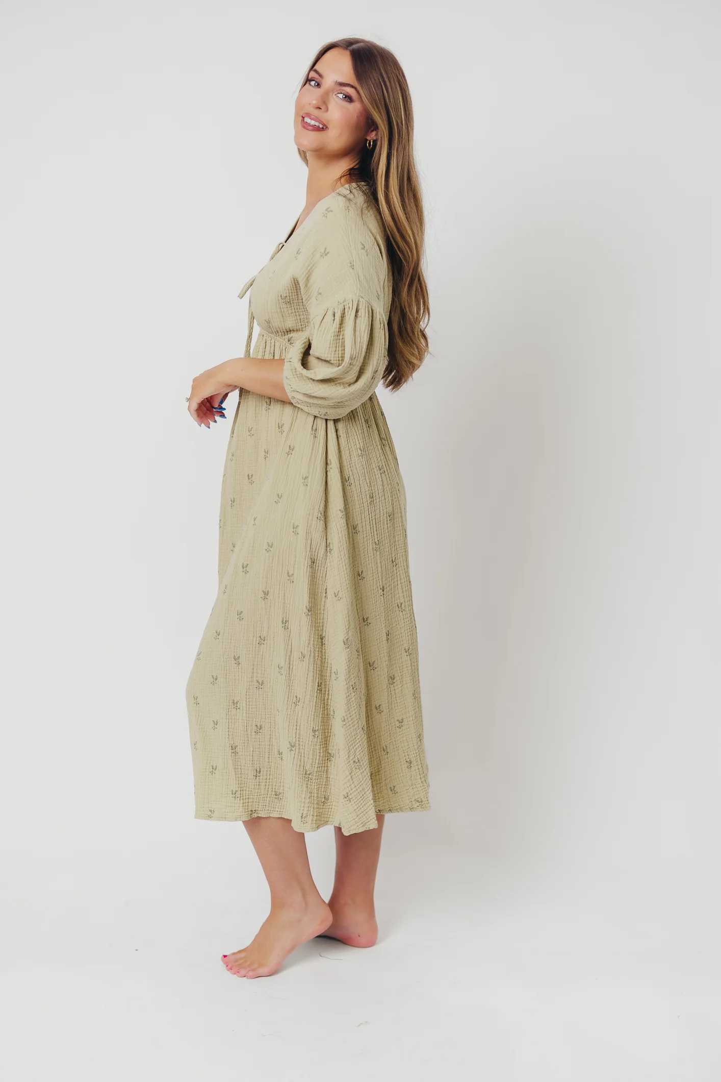 Hunter 100% Cotton Gauze Midi Dress in Thyme/Sage Foliage - Bump Friendly & Inclusive Sizing (XS-3XL) - Image 7