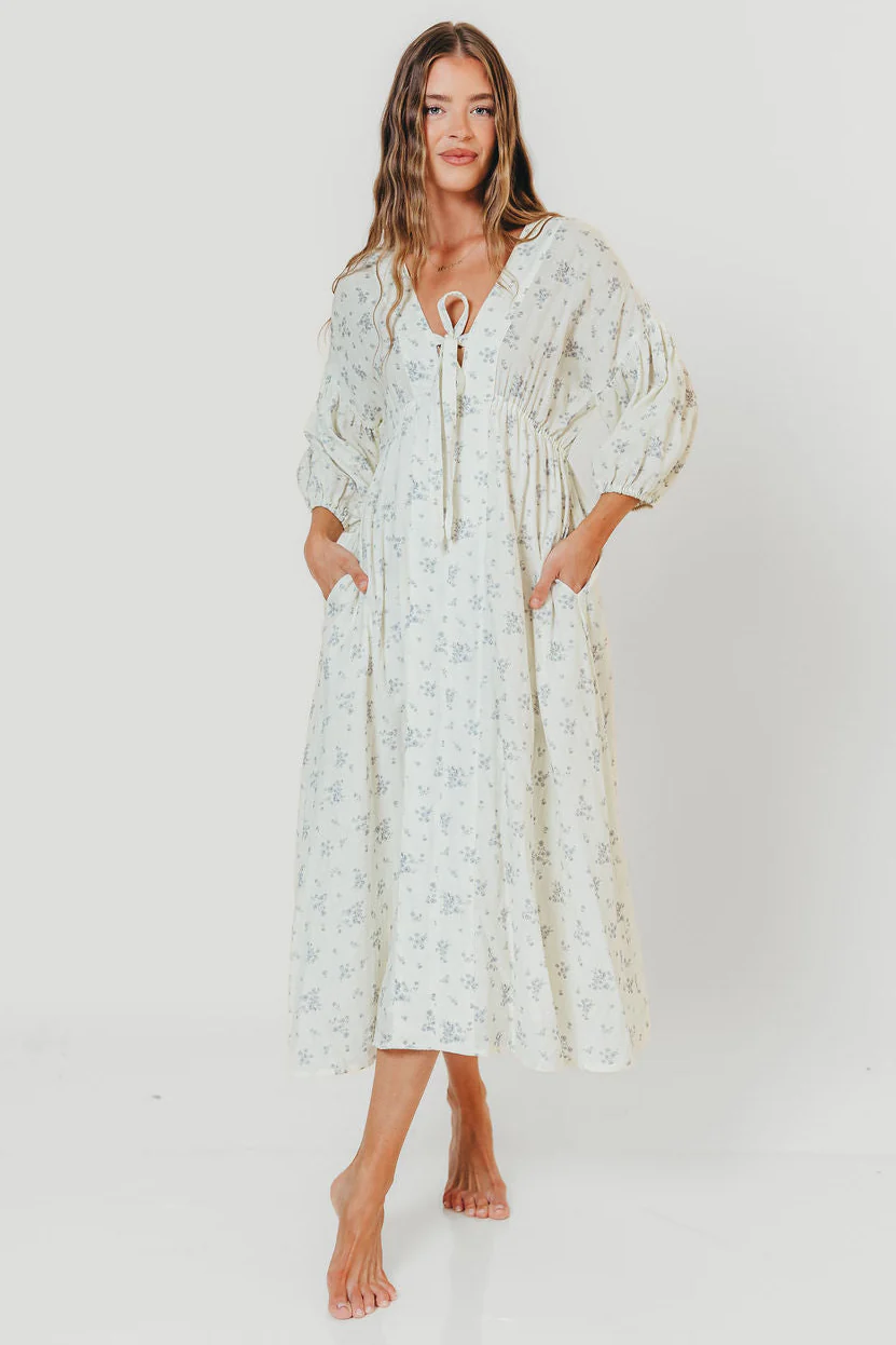 Hunter 100% Cotton Midi Dress in Off White/Blue - Bump Friendly & Inclusive Sizing