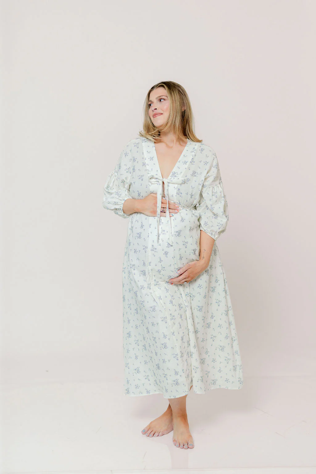 Hunter 100% Cotton Midi Dress in Off White/Blue - Bump Friendly & Inclusive Sizing - Image 10