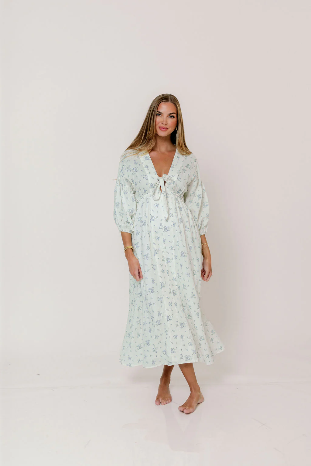 Hunter 100% Cotton Midi Dress in Off White/Blue - Bump Friendly & Inclusive Sizing - Image 11