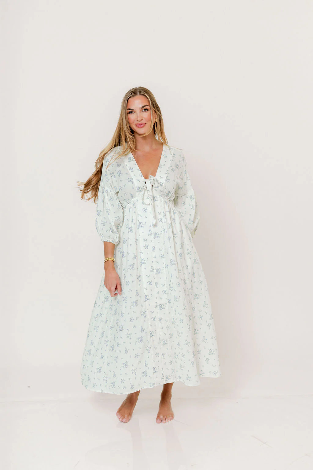 Hunter 100% Cotton Midi Dress in Off White/Blue - Bump Friendly & Inclusive Sizing - Image 14