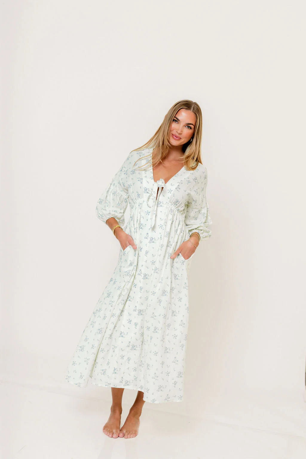 Hunter 100% Cotton Midi Dress in Off White/Blue - Bump Friendly & Inclusive Sizing - Image 15