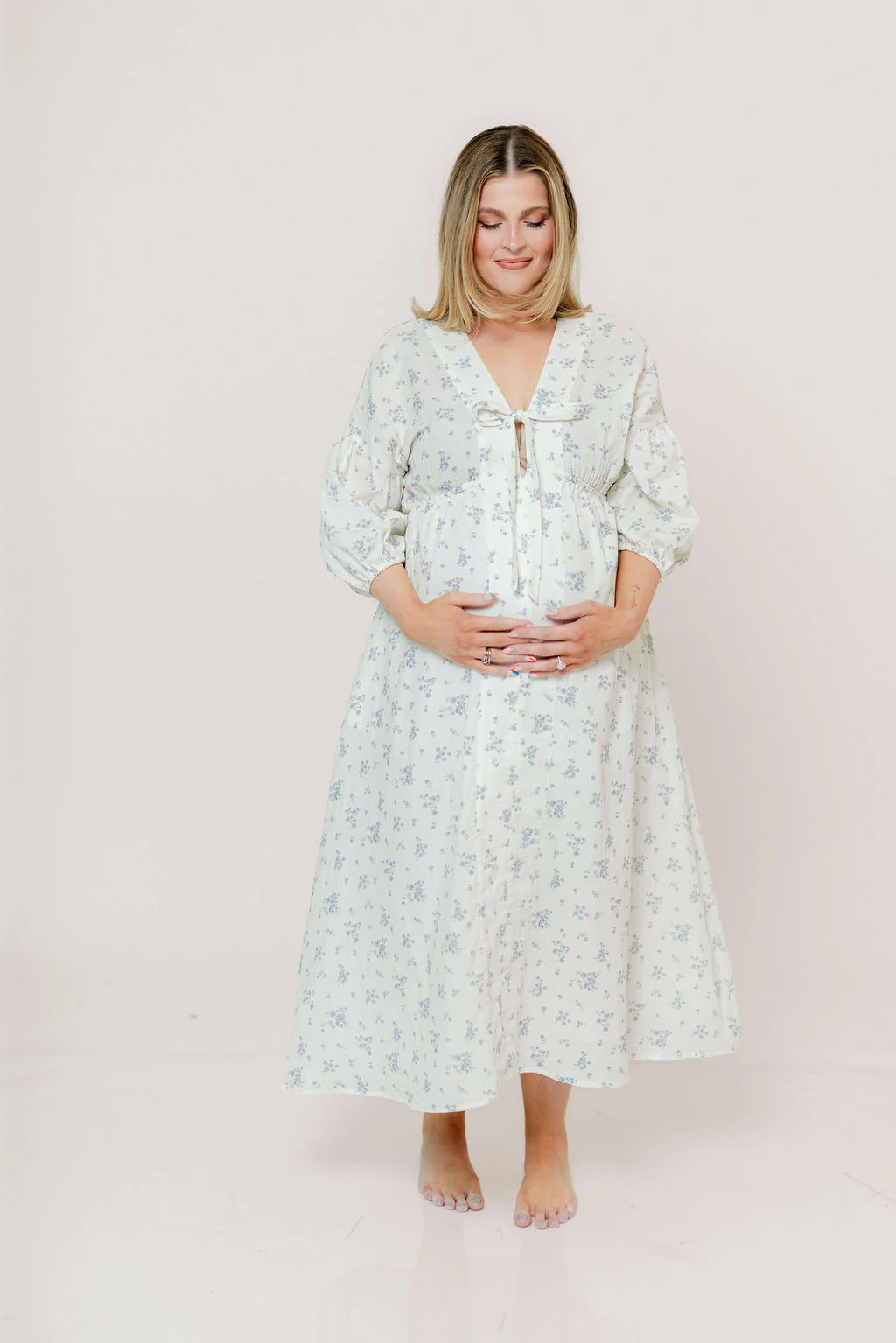 Hunter 100% Cotton Midi Dress in Off White/Blue - Bump Friendly & Inclusive Sizing - Image 18
