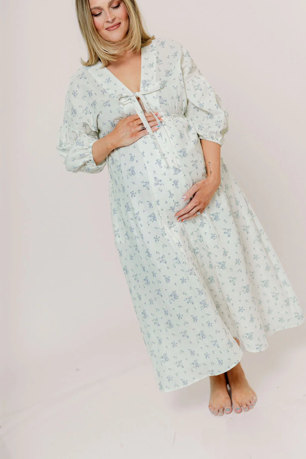 Hunter 100% Cotton Midi Dress in Off White/Blue - Bump Friendly & Inclusive Sizing - Image 19