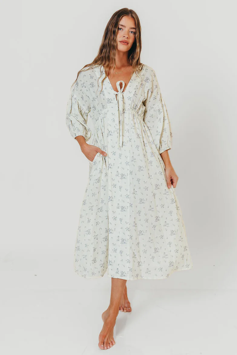 Hunter 100% Cotton Midi Dress in Off White/Blue - Bump Friendly & Inclusive Sizing - Image 2