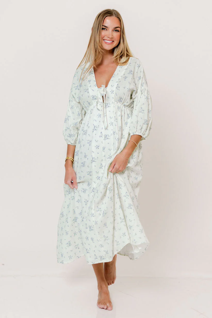 Hunter 100% Cotton Midi Dress in Off White/Blue - Bump Friendly & Inclusive Sizing - Image 5