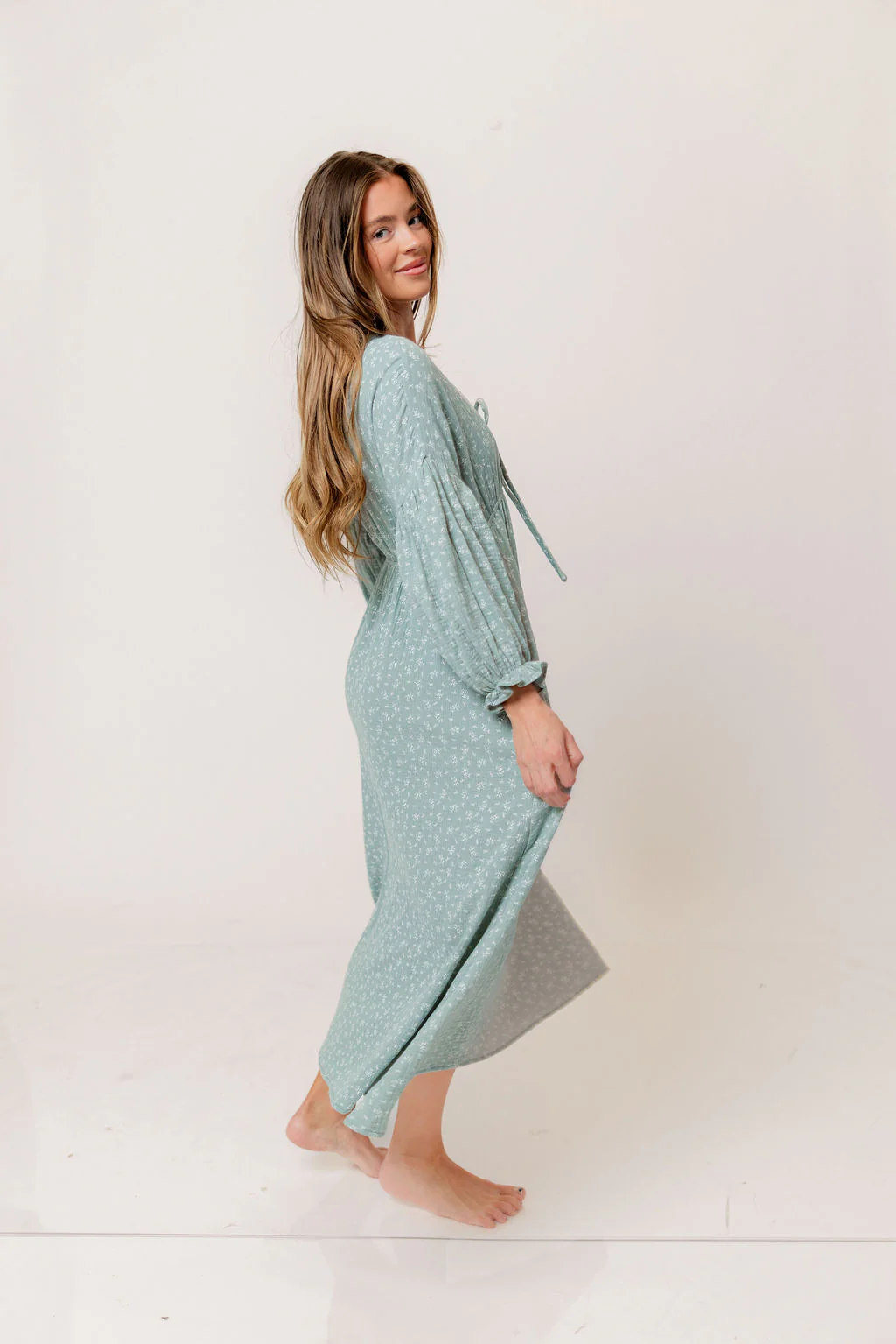 Hunter 100% Cotton Midi Dress in Aqua Foliage - Bump Friendly - Image 4