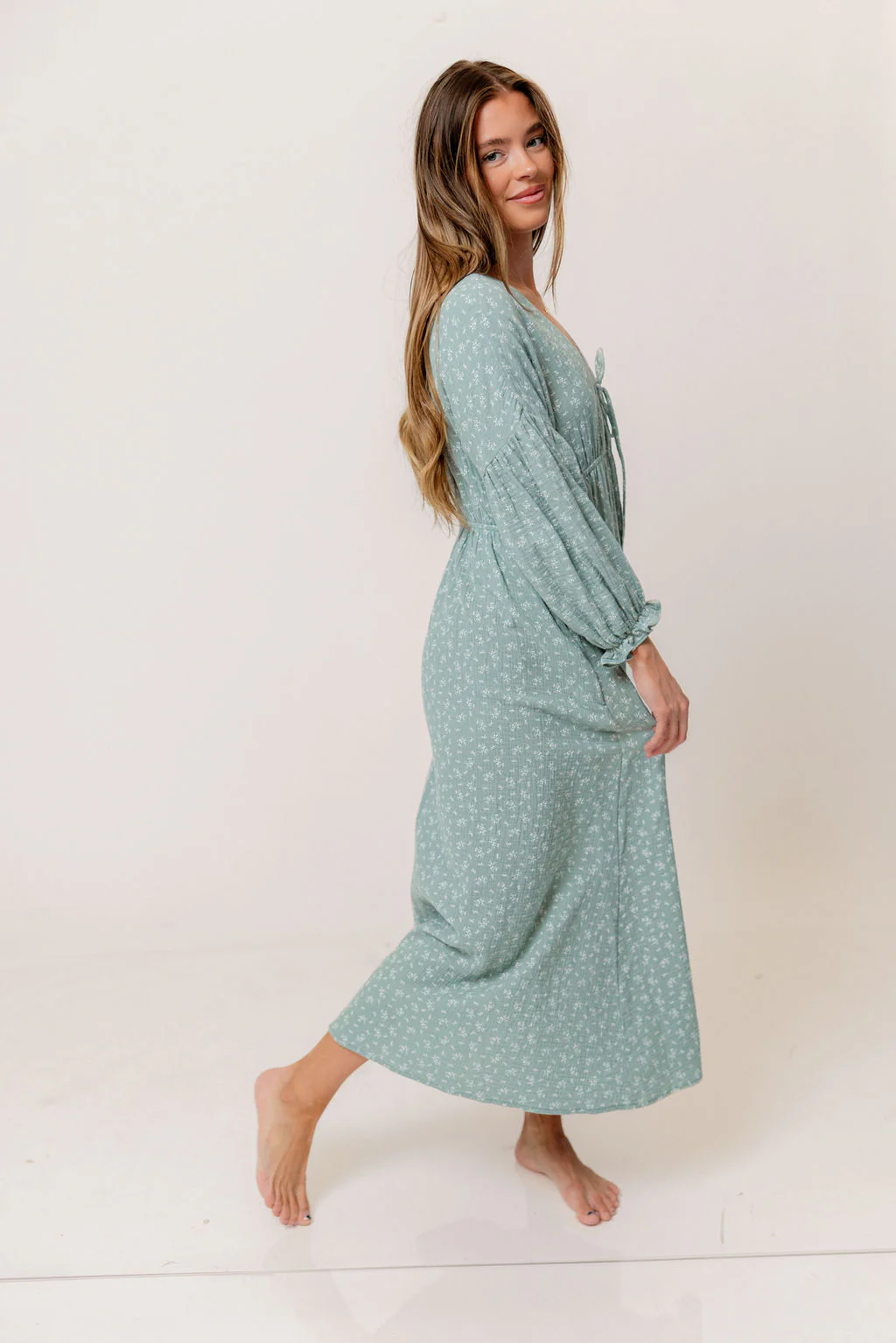 Hunter 100% Cotton Midi Dress in Aqua Foliage - Bump Friendly - Image 5