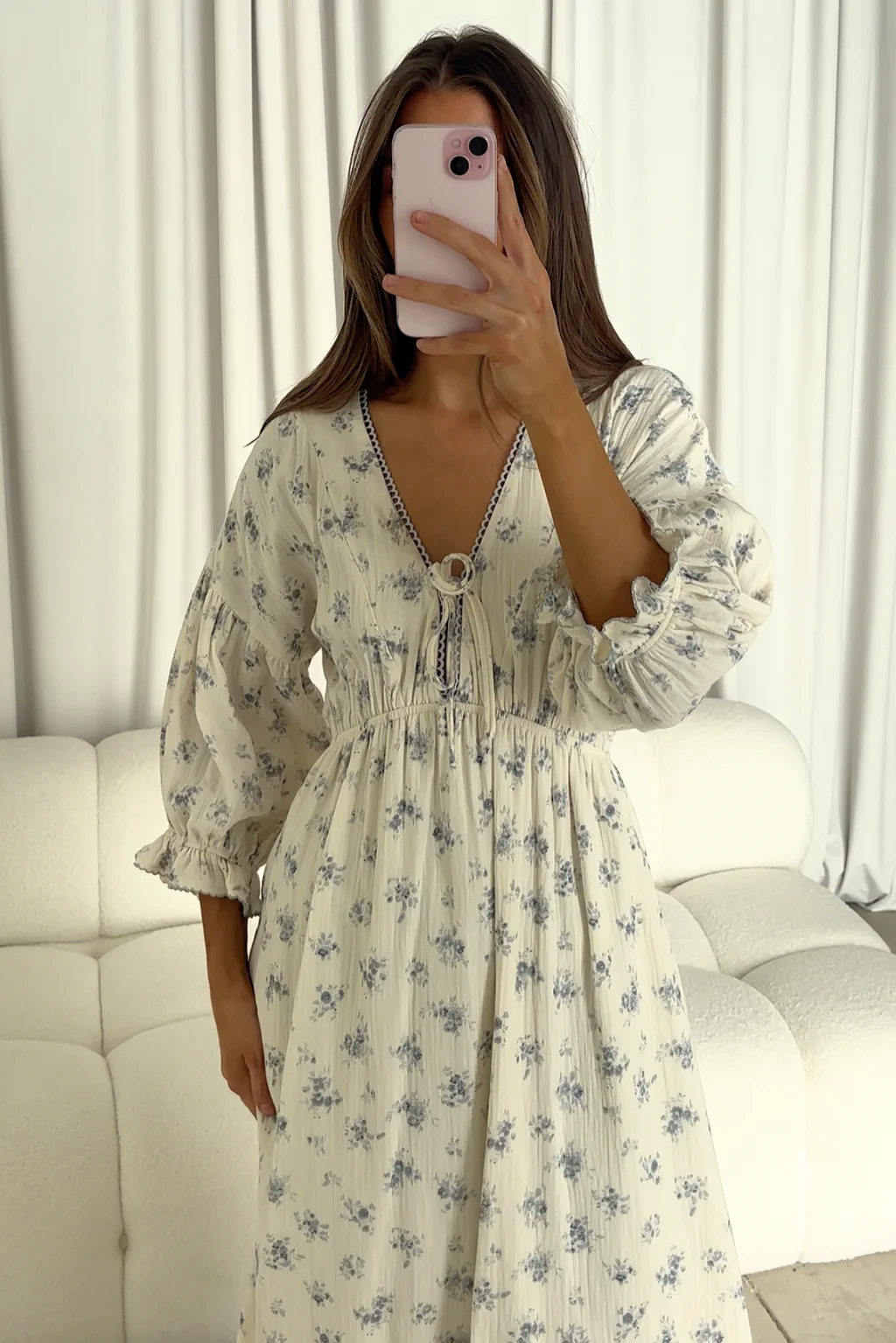 Hunter 100% Cotton Midi Dress with Eyelet Trimming in Blue Floral - Bump Friendly - Image 9