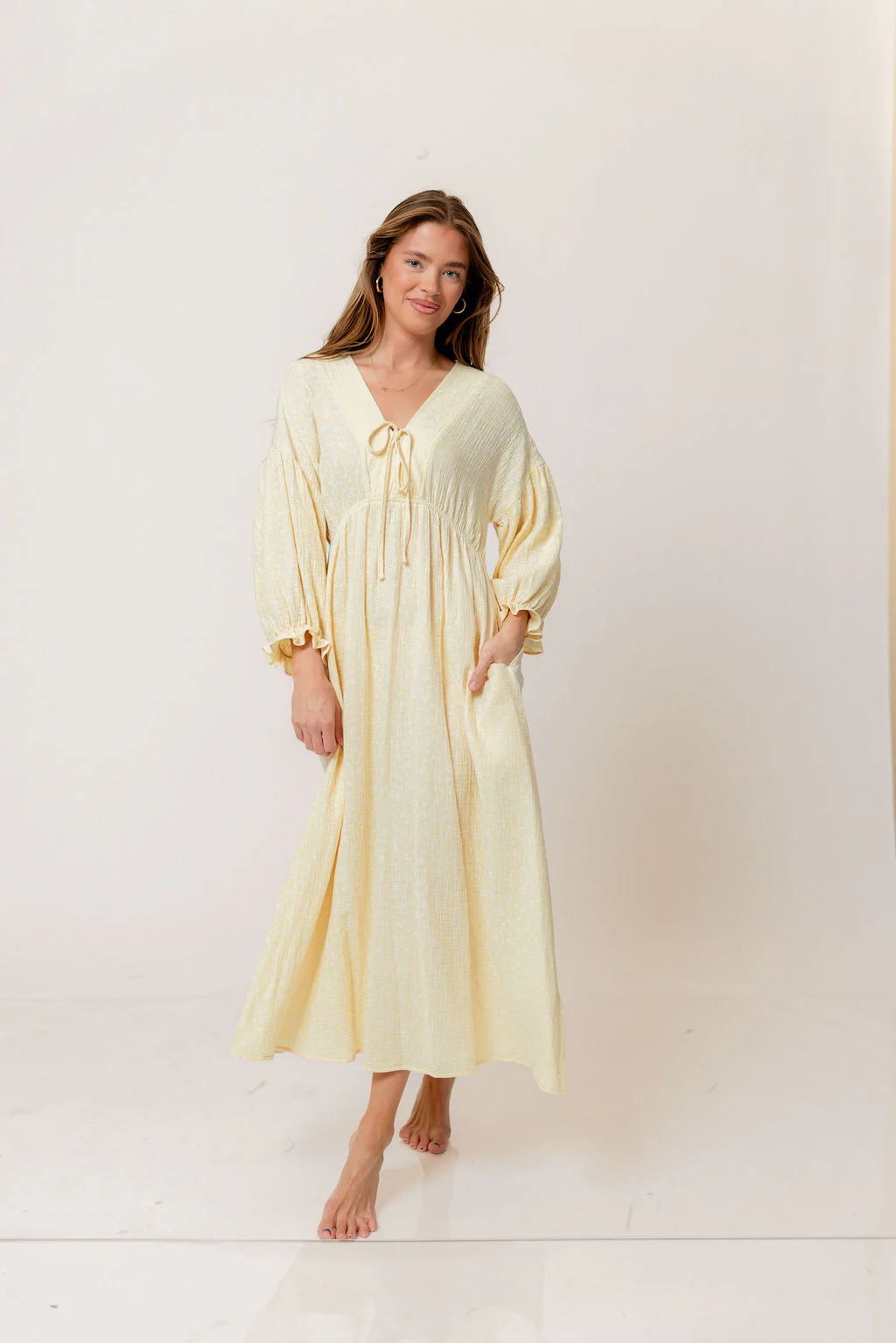 Hunter 100% Cotton Midi Dress in Custard Foliage - Bump Friendly - Image 3
