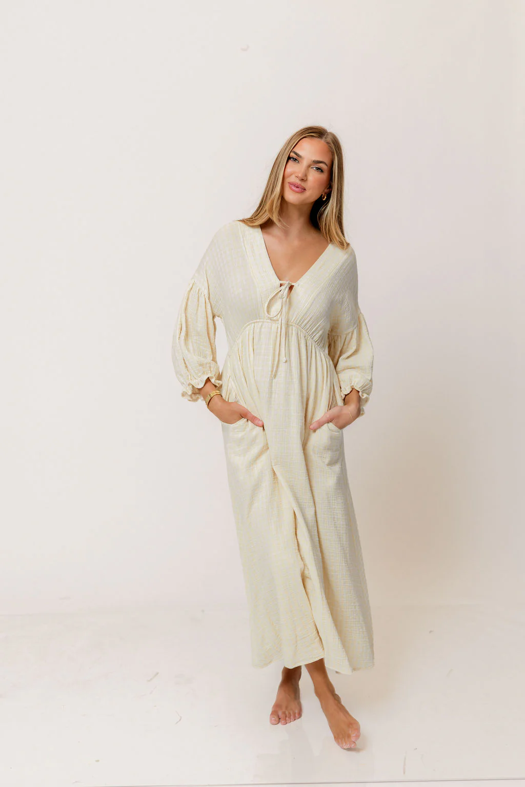 Hunter 100% Cotton Midi Dress in Custard Plaid (Lined) - Bump Friendly - Image 2